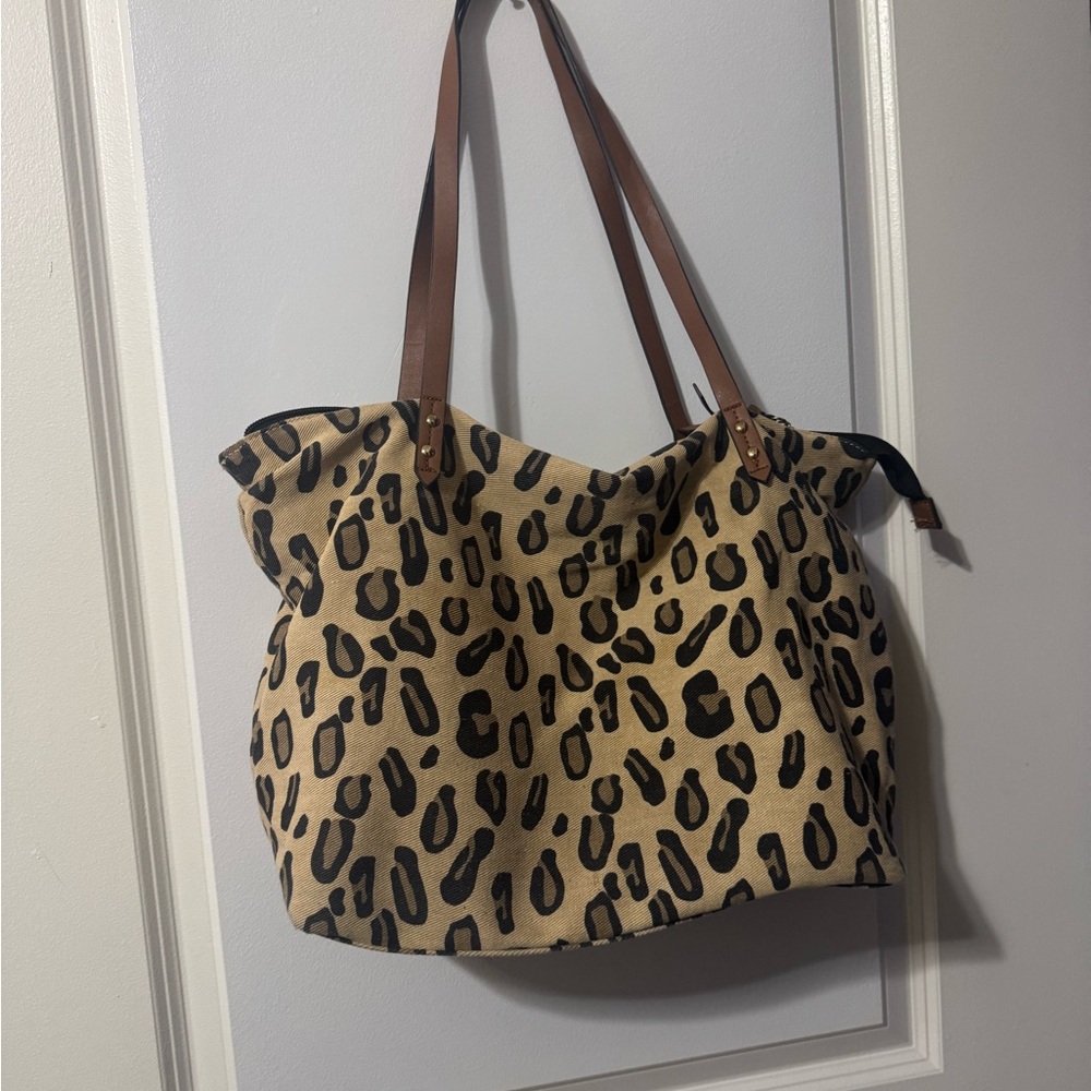 Leopard Print Tote Bag with Brown Straps